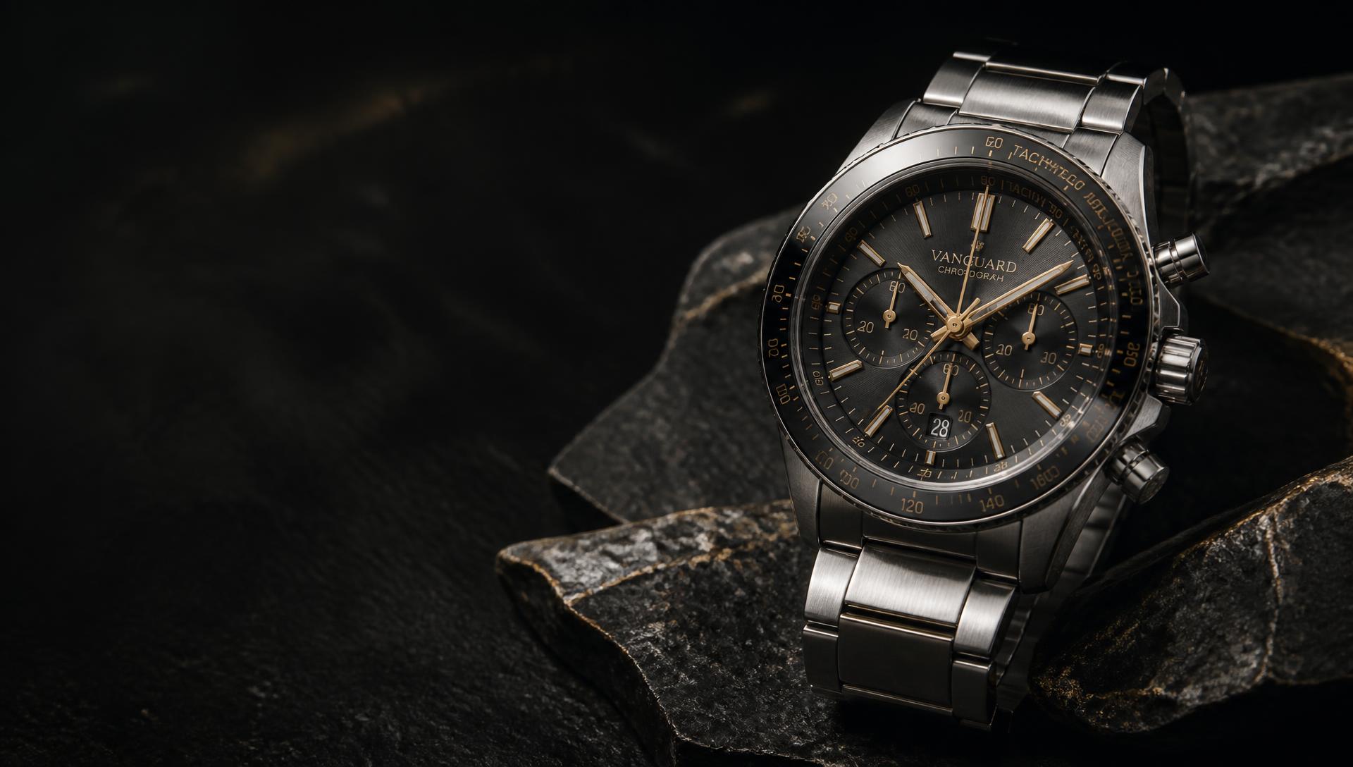 Steel chronograph wristwatch on dark stone