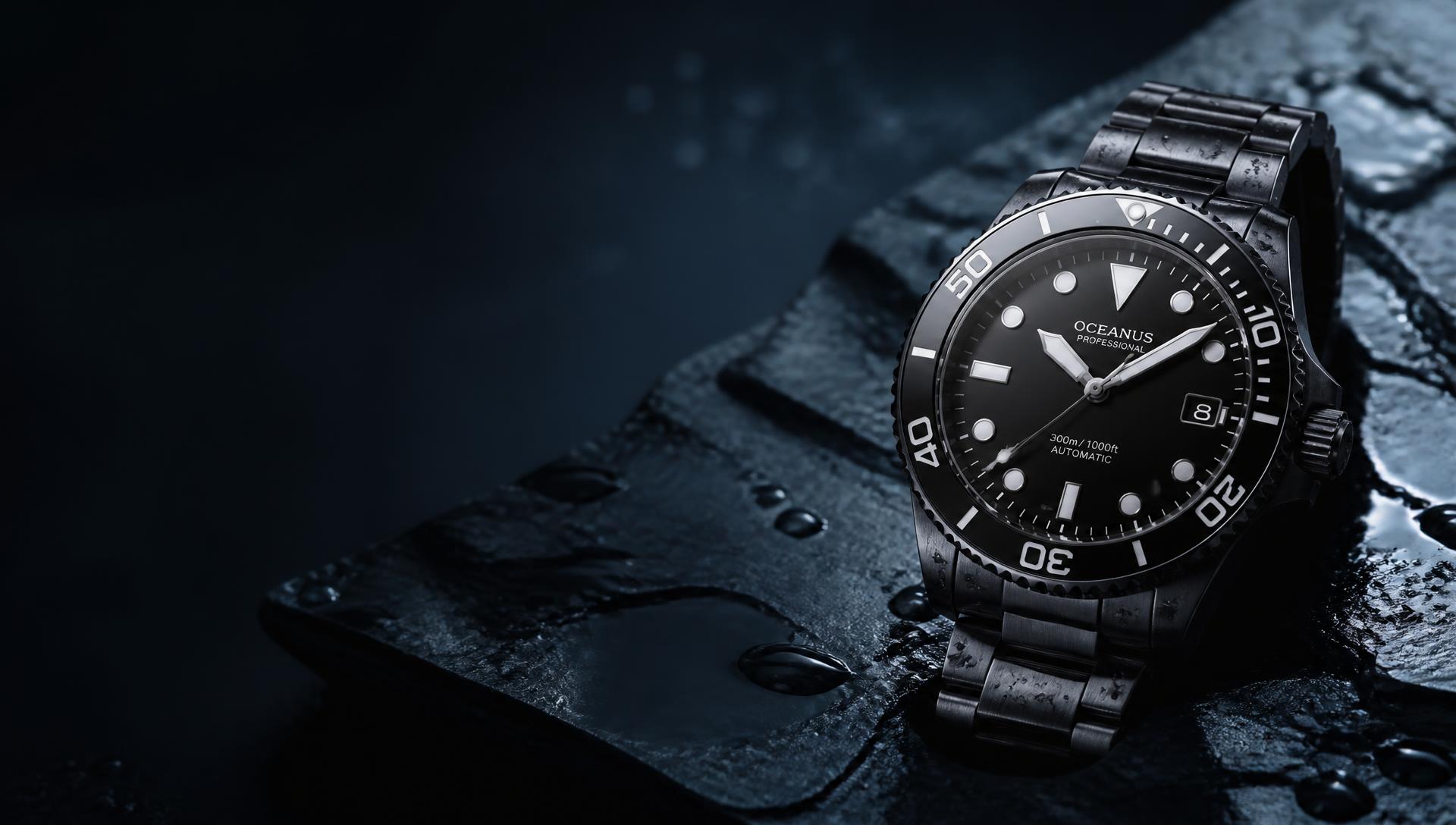 Black dive wristwatch on wet slate